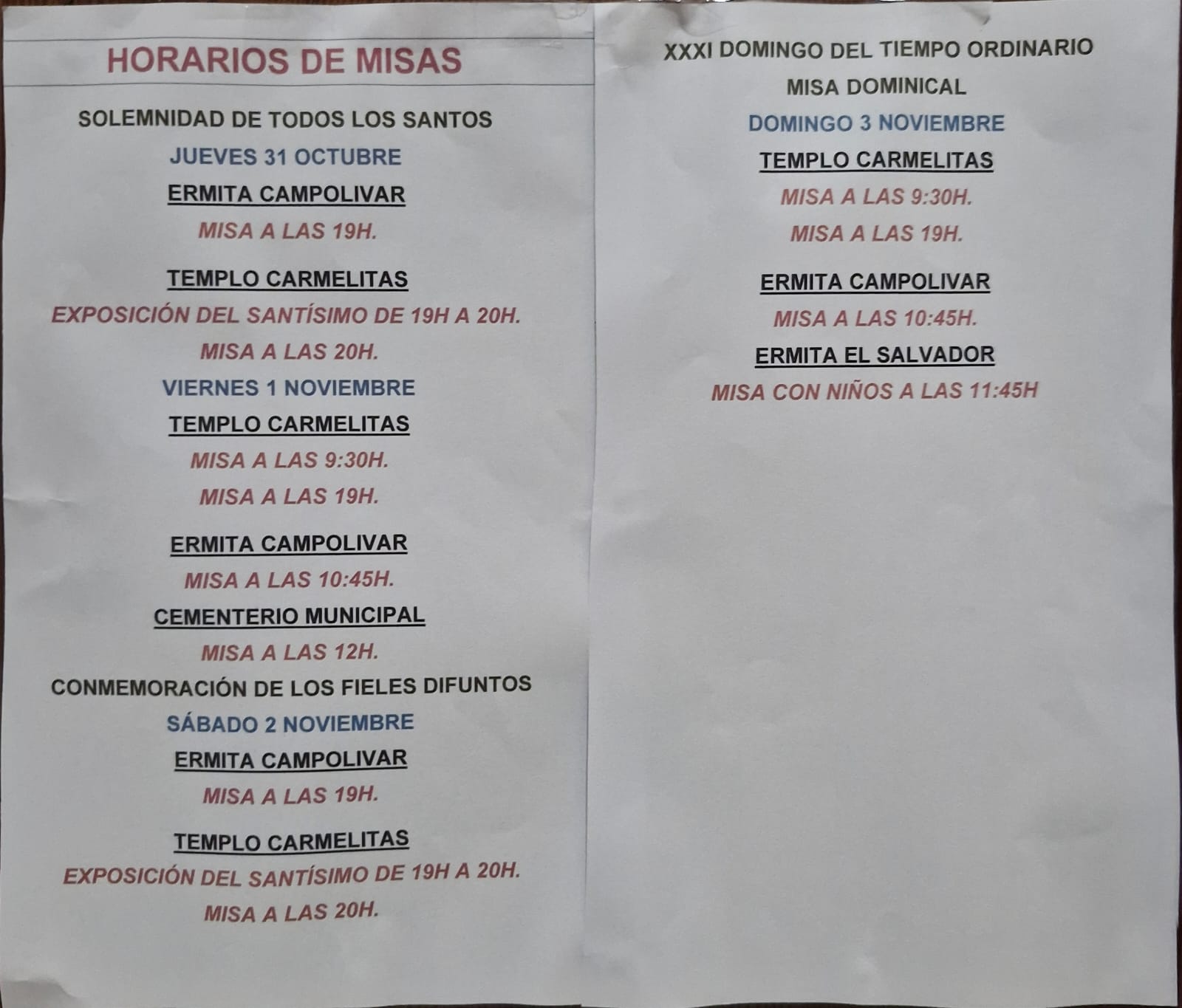 Horarios Solemnidad de Todos los Santos