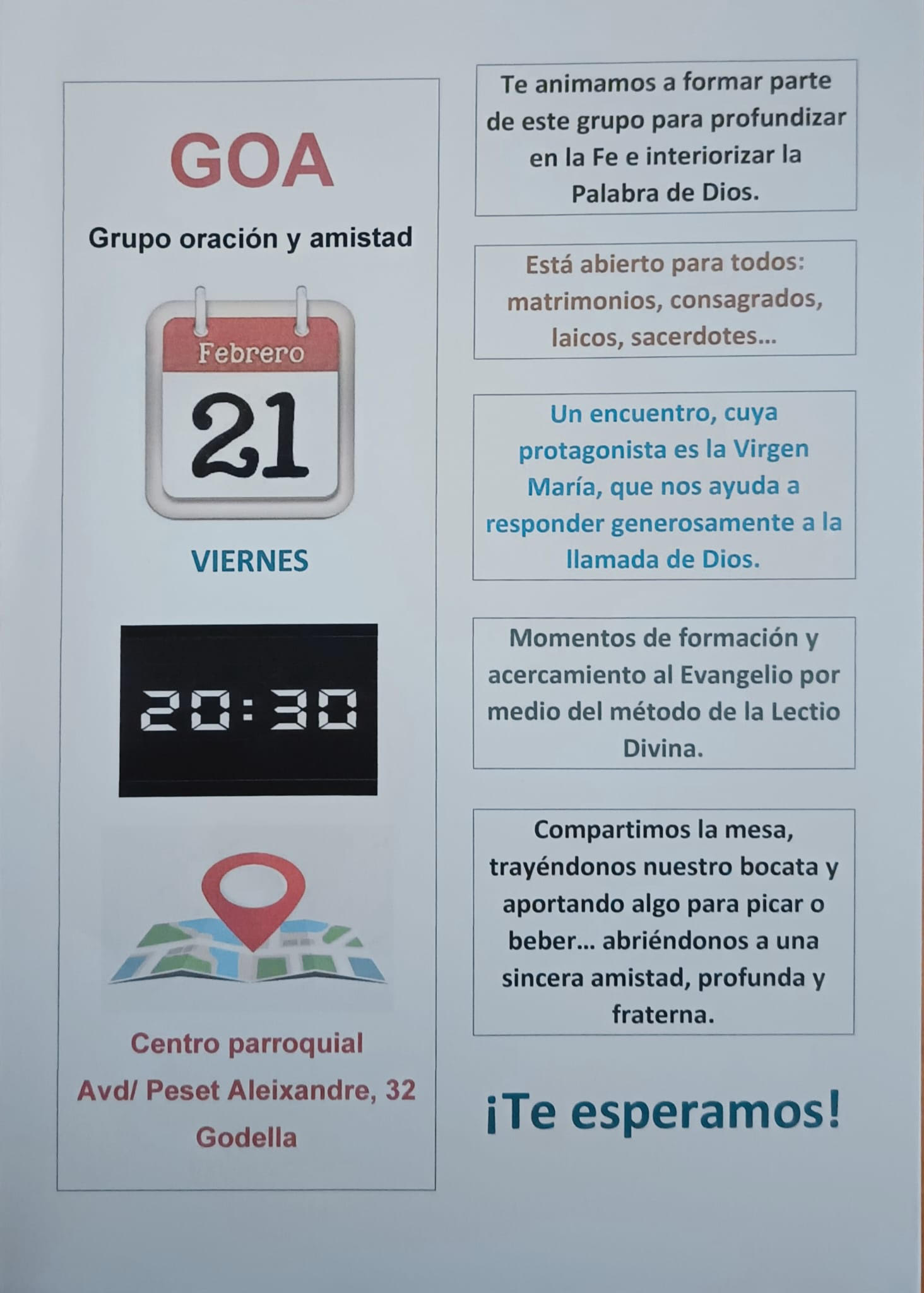 Grupo de Oración y Amistad 21 de febrero de 2025, viernes a las 20:30 Centro Parroquial, Avda. Peset Aleixandre, 32