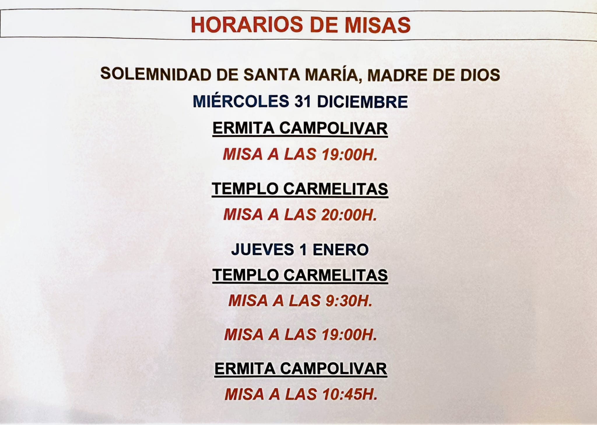 Horario de misas Solemnidad María Madre de Dios