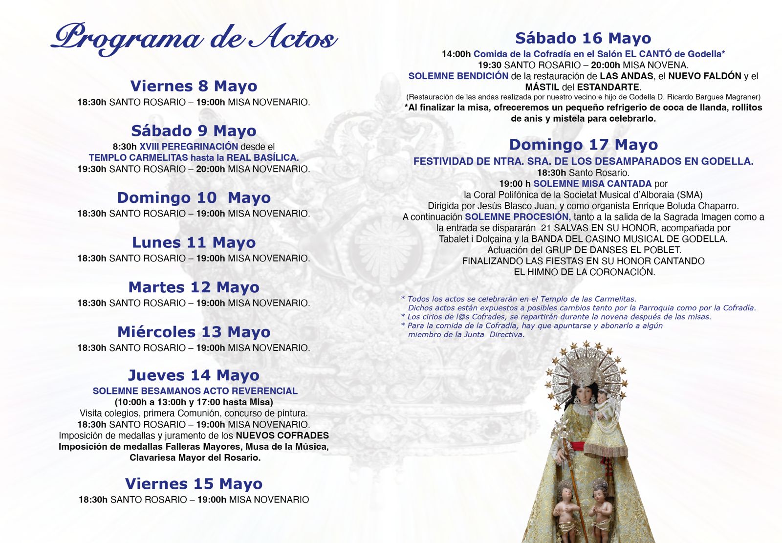 Programa de actos en honor a Nuestra Señora de los Desamparados